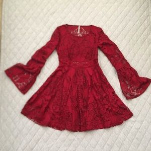 Red, lace, bell sleeve dress